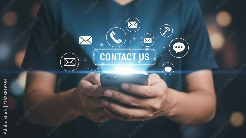Poster Person holding a smartphone with contact us and communication icons floating above the device screen