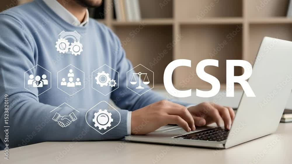 Aufkleber man typing on laptop with csr icons overlayed on screen in office setting with light blue sweater