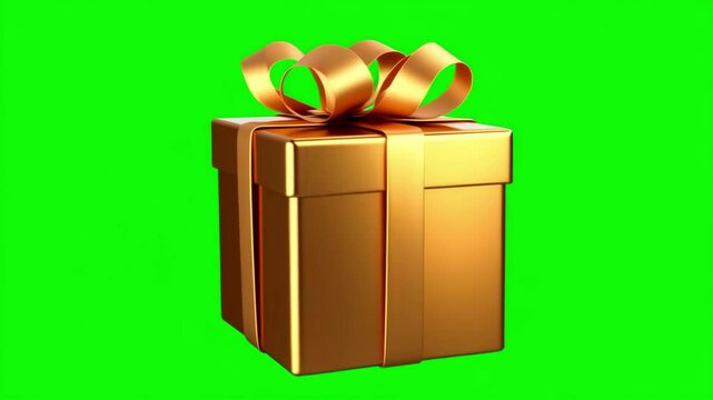A beautiful golden gift box rotating on green screen background. 3D animation on a green screen. Holidays and gifts concept. Present with big golden bow chroma key