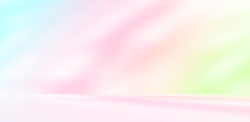 Abstract colourful room studio with blue pink green colours. Shadow of leaves overlay effect. Product presentation showroom. Minimal mock up blurred backdrop.