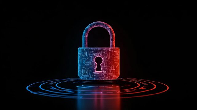 Digital lock symbol with glowing neon colors on dark background  