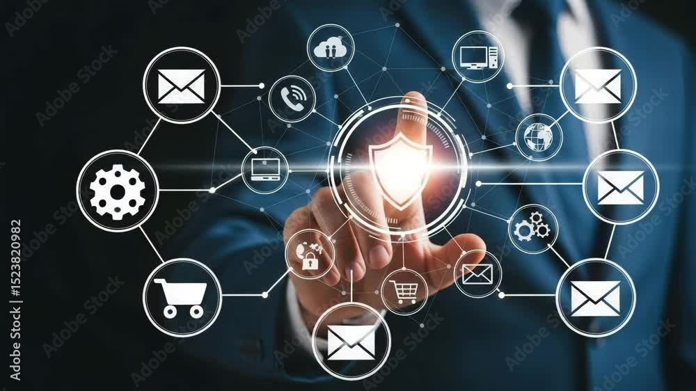 Poster person in suit touching shield icon surrounded by other icons on a digital interface
