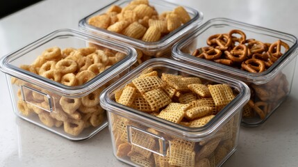 Assorted snacks in clear containers on countertop.