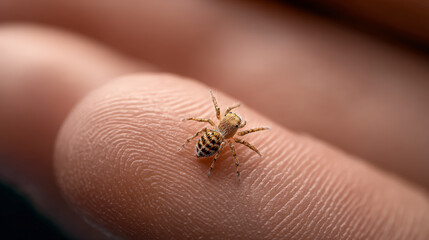 Tiny jumping spider perched on a human finger, showcasing its intricate patterns and delicate legs.
