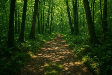 Obraz premium A path winding through a dense forest with sunlight dappling the ground