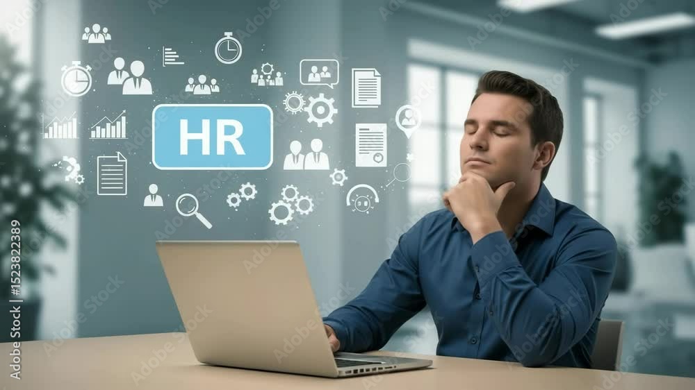 Aufkleber Man at laptop with hr icons floating around him in an office setting with a thoughtful expression