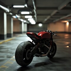 Red Motorcycle in Parking Garage
