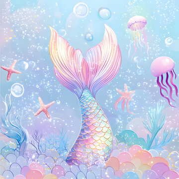A shimmering mermaid tail curves upward in a pastel underwater scene. Starfish, jellyfish, coral, bubbles, and sparkling lights surround the tail.