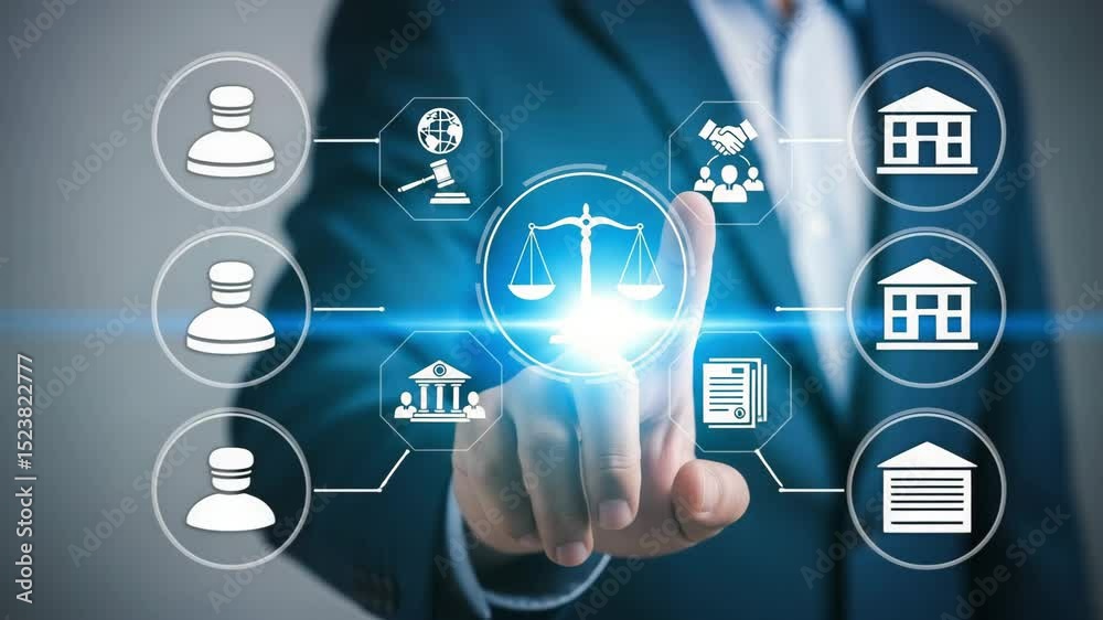 Poster Man in suit touching law and justice icons with scales globe handshake and documents on screen interface