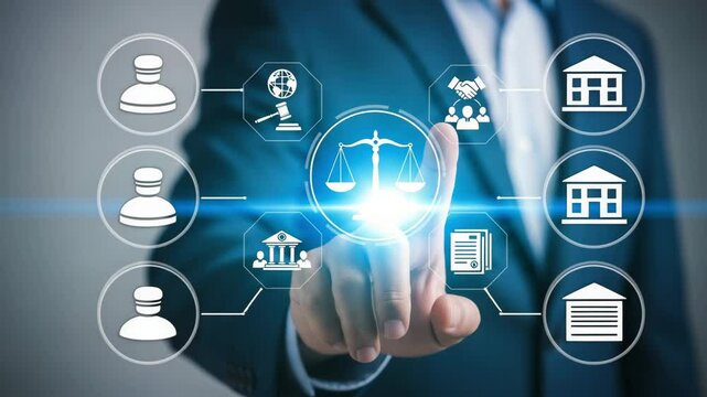 Man in suit touching law and justice icons with scales globe handshake and documents on screen interface