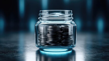Minimalist budgeting through wealth planning and goals concept. Clear jar filled with coins, symbolizing savings and finance.