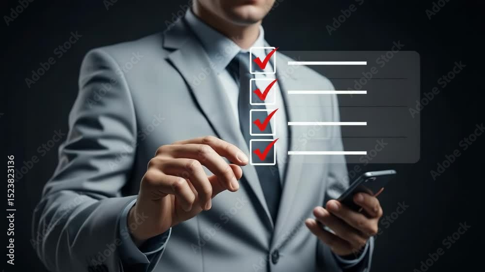 Poster Man in suit checking boxes on a digital checklist while holding a smartphone in his other hand