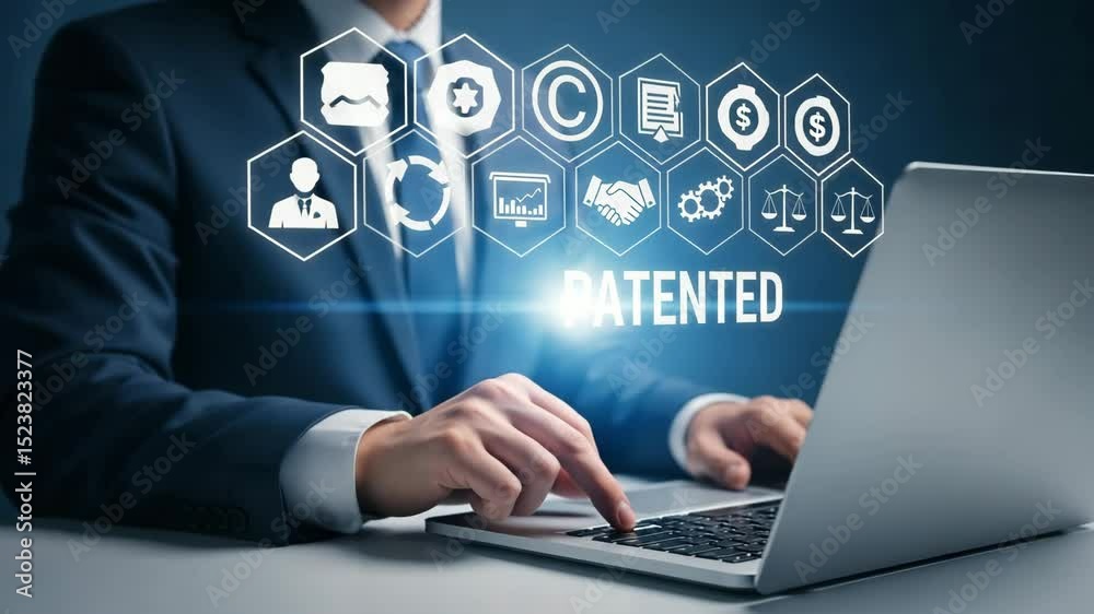 Poster man in suit using laptop with patented graphic overlay and business related icons displayed above