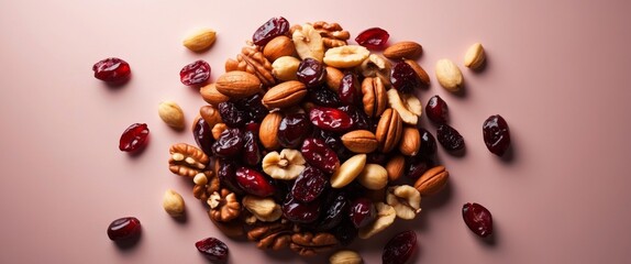 Assorted Nuts and Dried Cranberries on a Pink Background, a Healthy Snack Option.