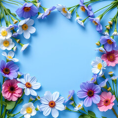 Obraz premium Blue flowers on a blue background. Floral frame. Free space for text or beauty product. Flower flat lay.