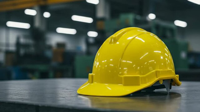 Yellow hard hat placed on a table in a factory environment  