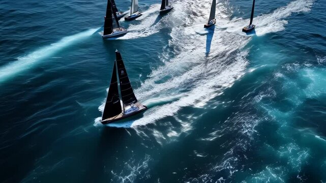 A group of sailboats are racing in the ocean