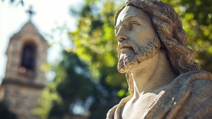 Stone statue of Jesus against church background close-up with copy space