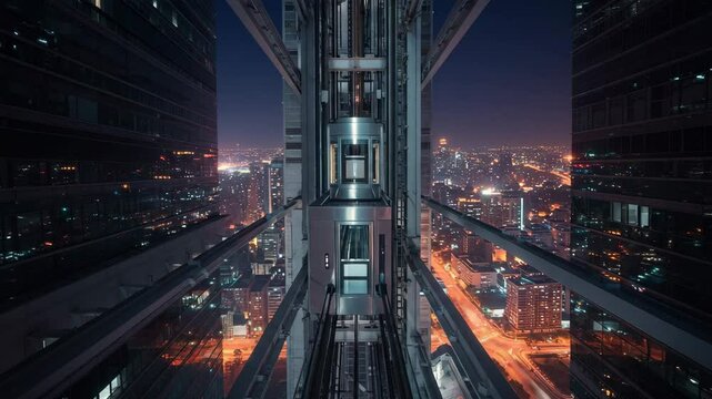 Modern elevator interior with city lights at night  