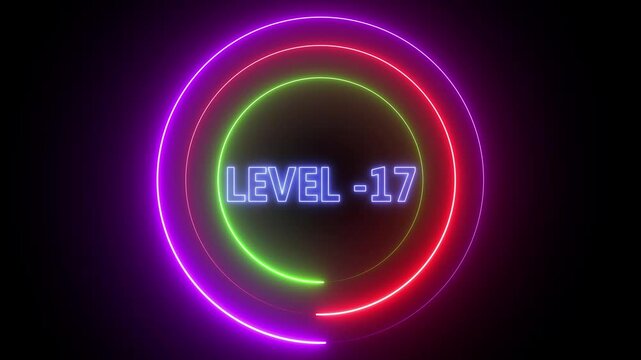 Neon glowing rings with level minus 17 text animation futuristic digital interface game progress indicator abstract background