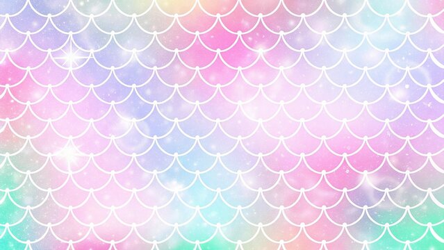 Rainbow Scales Background with Kawaii Mermaid Princess Pattern &ndash; Fantasy Sea Backdrop with Sparkles and Stars

