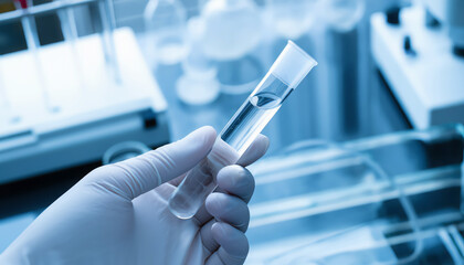 Fototapeta premium Close-up of a gloved hand holding a test tube with clear liquid. Modern lab background with soft blur. Ideal for healthcare, diagnostics, science, and biotech themes