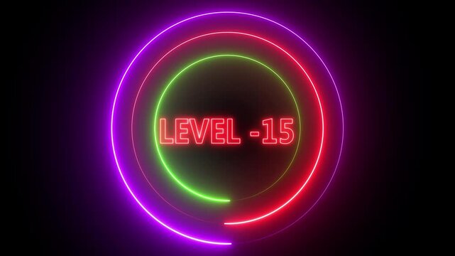 Neon glowing circle with level minus fifteen text animation futuristic digital interface game u i abstract background motion