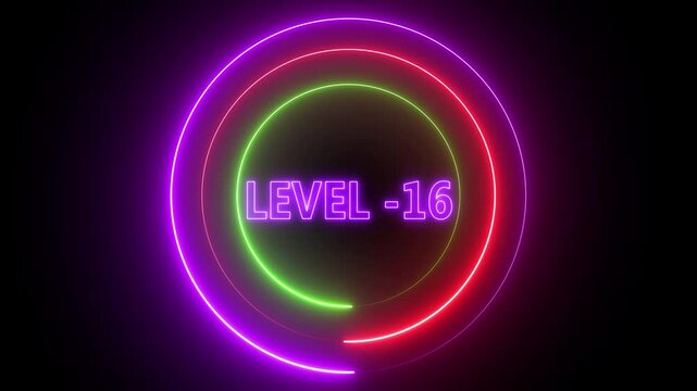 Neon glowing rings surround level minus sixteen text on black background futuristic gaming interface