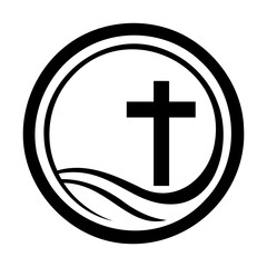 Obraz premium Christian cross icon. Christian cross inside circular frame with wave design. Church symbol. Vector illustration