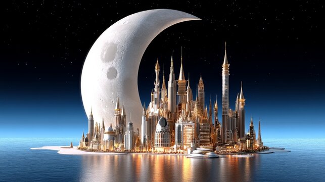 Fantasy cityscape with towering skyscrapers and a large crescent moon in the night sky
