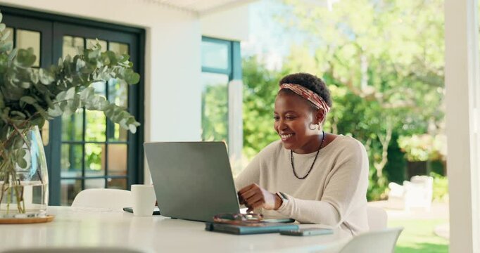 Laptop, coffee and black woman outdoor with research for creative project online with remote work. Happy, computer and African person with freelance copywriting career for magazine in home garden.