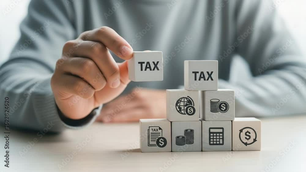 Aufkleber hand placing tax block atop a stack of blocks with financial icons on a white surface and grey shirt