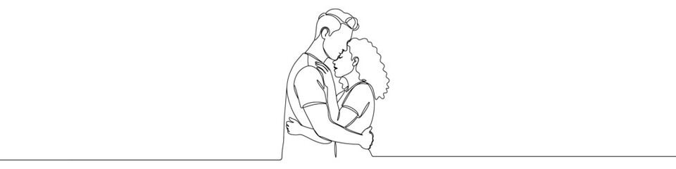 Loving couple icon drawn with one line. Black outline of a man and woman embracing, made with a single continuous line. Vector illustration.