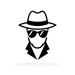 Detective with hidden face icon. Black figure in hat isolated on white background. Vector illustration.