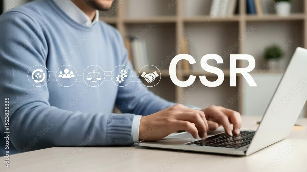 Poster man typing on laptop with csr icons overlayed on screen showing corporate social responsibility conc
