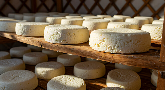 Mongolian Camel Milk Cheese. creamy white cheese wheels - traditional aaruul drying on wooden racks in Gobi Desert yurt. crumbly texture 