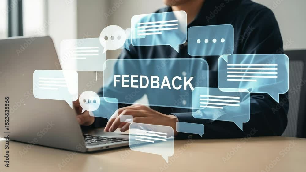 Poster Person typing on a laptop with feedback text and speech bubbles overlayed on the screen image view