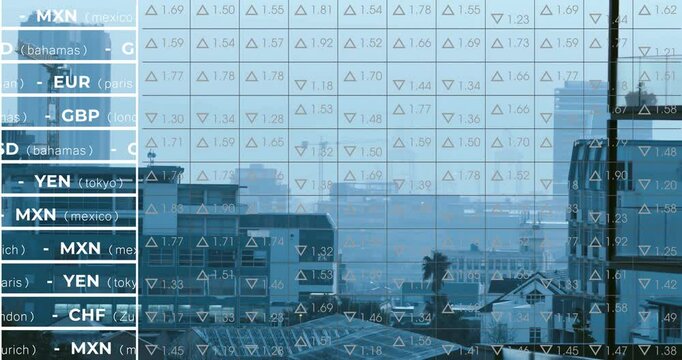 When starting, animated grid overlay updating currency rates over skyline to show market trends