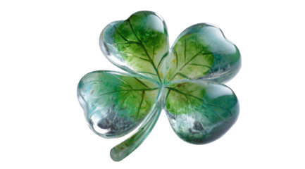 A translucent, stylized four-leaf clover.  The leaves are a mix of light teal and translucent green.  Intricate painted detailing.  3D effect