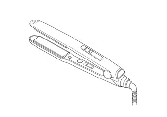 Fototapeta premium Outline drawing of a hair straightener with visible plates and cord on a white background design