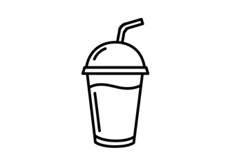 A simple line drawing of a clear plastic cup with a dome lid and straw on a white background