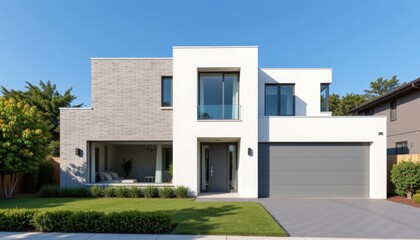 Modern home exterior design suburban area real estate photography clear sky front view contemporary architecture