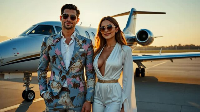Stylish couple in elegant outfits posing in front of private jet at airport. Concept of luxury travel lifestyle