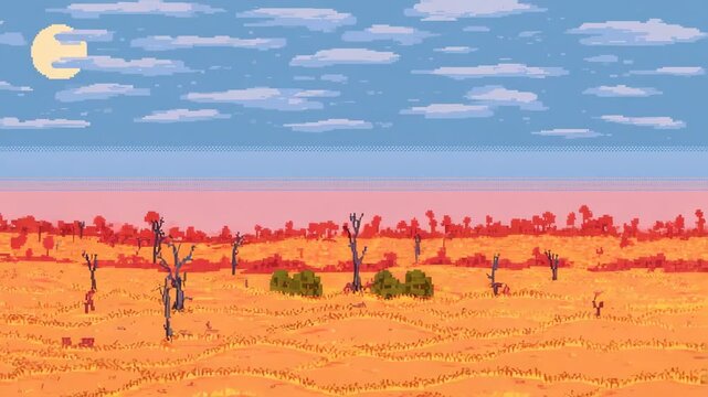 Pixel art landscape of a barren land at dawn