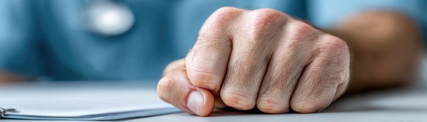 Fototapeta premium Emotional stress with diagnosis and mental support concept. A clenched fist symbolizes strength and determination in healthcare.