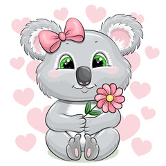 Cute Cartoon Koala with pink flower and hair bow. Vector Illustration with animal on white background with pink hearts.