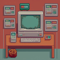 a 1990s computer-style infographic showing a pixelated browser window with loading bars, floppy disks, and simple pie charts.