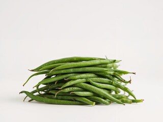 Fototapeta premium Fresh Green Beans Pile on a White Background, HighQuality Still Life Image.
