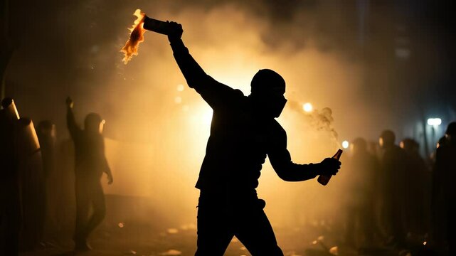 Intense Silhouette: Masked Figure Leading Protest with Molotov Cocktails Amidst Smoky Atmosphere