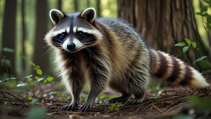Fototapeta premium Curious Raccoon Exploring the Forest, Woodland Wildlife Moment